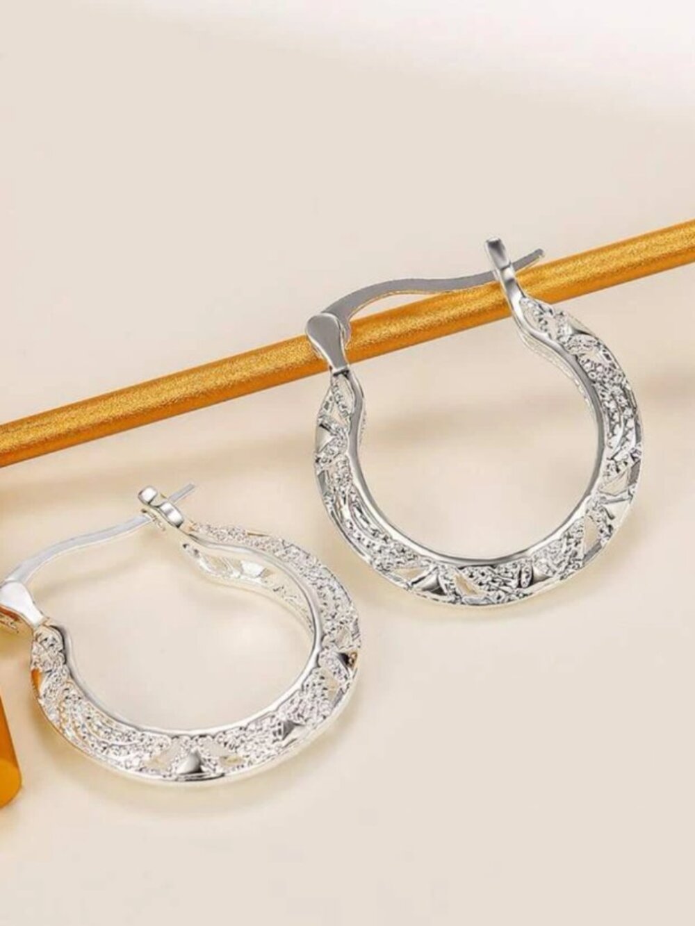 Bright Silver Embossed Lightweight Hoop Earrings